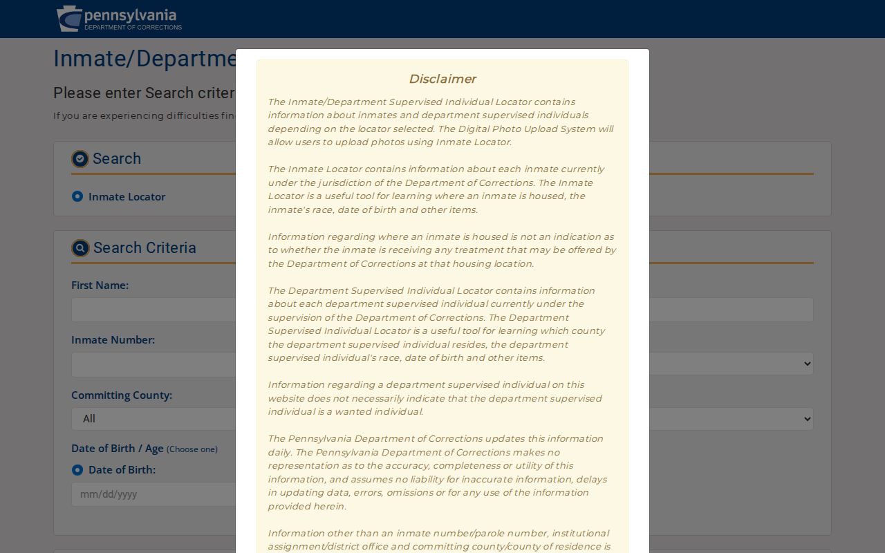 Lehigh County released inmate search modes in the Pennsylvania DOC locator